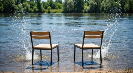 Two chairs on shore, water splashes around them, trees in background