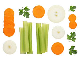 Assorted sliced vegetables isolated on transparent background