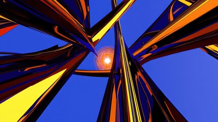 Abstract Spiky Architecture Reaching Towards Bright Sun in Blue Sky with Vibrant Streaks of Color and Dynamic Patterns