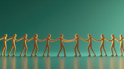 Unity and Collaboration Concept with Orange Human Figures Holding Hands Against a Green Background