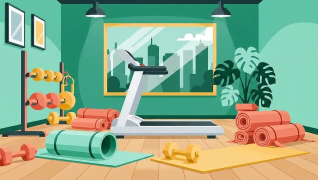 Home Gym Interior Design with Exercise Equipment and City View.