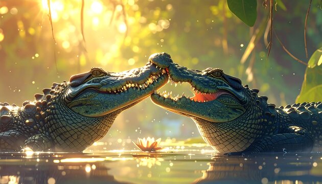 Two crocodiles touch snouts amid lush, sun-dappled foliage. A lotus flower floats in the foreground, mirroring their interaction