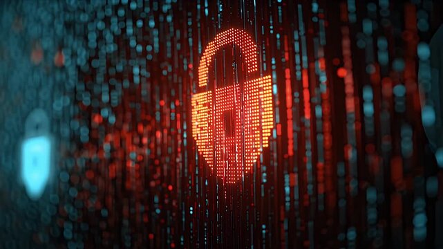 Digital Cyber Security Background with Red Padlock, 3D Matrix Code Rain Animation for Data Protection