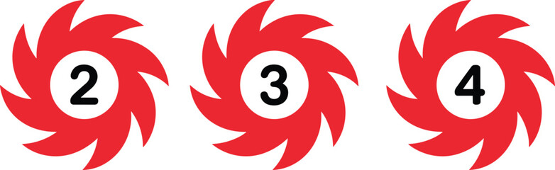 Obraz premium Red cyclone number icons set showing stages two three four, abstract hurricane swirl symbols for ranking, steps, rating, progress infographic vector
