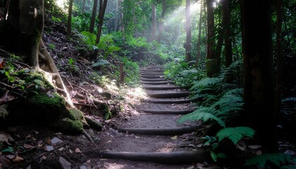Sunlit tranquil forest path winding through a lush green woodland, with dappled light illuminating the peaceful journey amidst towering trees and vibrant foliage