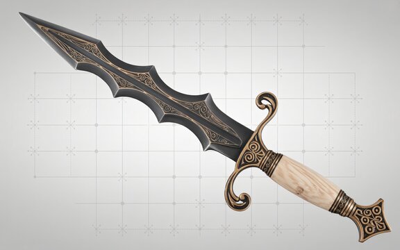 An ornate dagger features a unique wavy blade made of dark steel. Gold accents decorate the metal guard and the pommel of the weapon. The handle is crafted from light wood, providing a grip for the wi