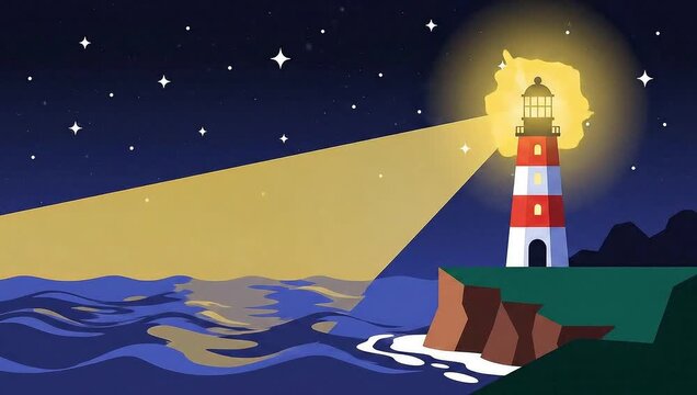 Lighthouse Beacon at Night - A Vector Illustration.