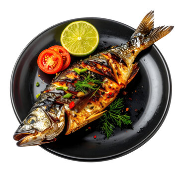 Perfectly grilled inihaw na isda, a simple filipino seafood dish with charred lines and juicy meat, professionally photographed and isolated on white background