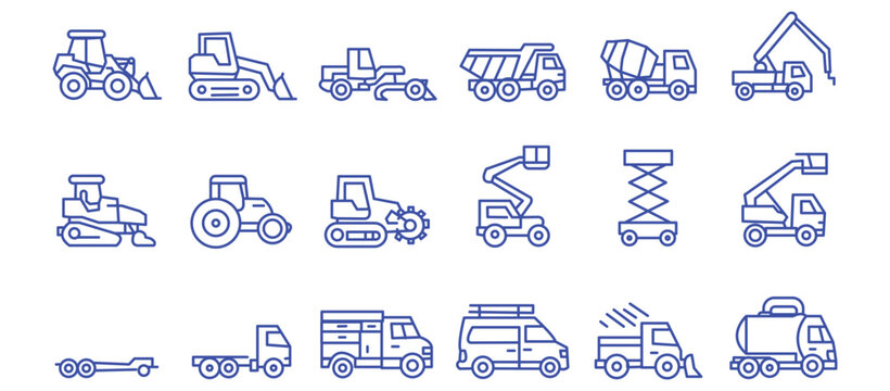 Construction vehicle line icon set. Vector pictograms of bulldozer, loader, grader, paver, roller, lowboy hauler, utility, concrete mixer, thin linear illustration.