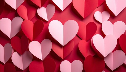A romantic display of paper hearts in various shades of red and pink arranged on a red background, evoking feelings of love and affection. The hearts are in different sizes.