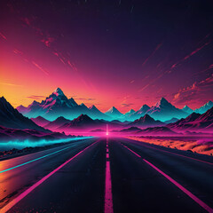 Neon highway leading to glowing sunset landscape