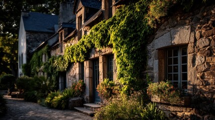 Fototapeta premium A charming stone cottage covered in green ivy, illuminated by warm sunlight, showcasing a picturesque pathway lined with vibrant flowers.