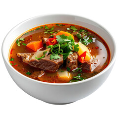 Hearty kansi soup with tender beef chunks and sour broth, expertly captured and isolated on white background