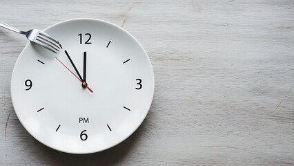 White plate with clock face and fork on wooden table.