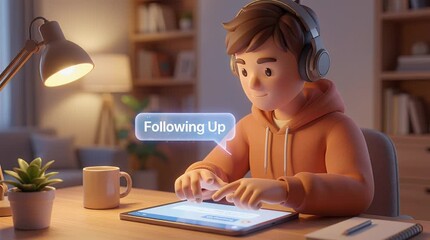 Animated young person using digital tablet at home interior - Powered by Adobe