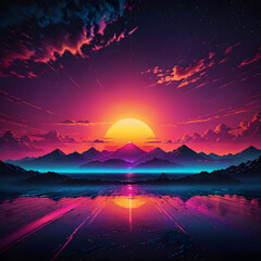 Neon sunset landscape with glowing mountains and road