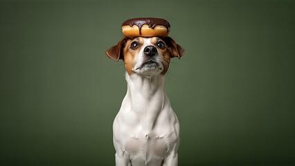 Humorous Jack Russell Terrier mix dog balances a delicious chocolate donut perfectly on its head, displaying impressive obedience