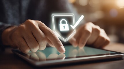 Online security and data protection concept featuring glowing safety icons on a tablet screen used by hands