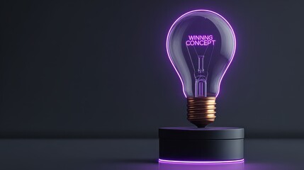 Glowing light bulb with Winning Concept text and purple neon light on dark background