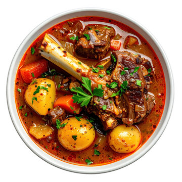 Spanish rabo de toro, a rich oxtail stew braised in red wine with carrots and onions, isolated on a white background