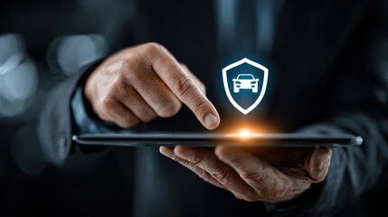 Digital interface with the car safety icon hovering over a man's hands, symbolizes the advanced security for cars. ..Created with Generative AI, not depicting real subjects.