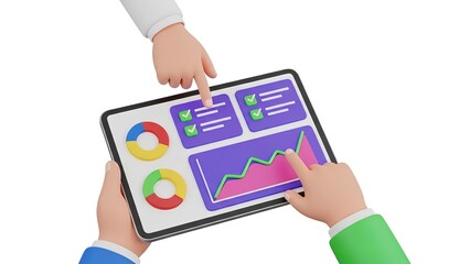3D illustration of multiple hands collaborating on a digital tablet, analyzing business data, financial reports, and strategic insights to achieve growth and optimize performance