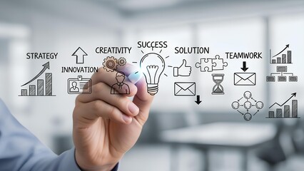 Hand drawing business growth icons and strategy concepts with a focus on innovation, creativity, and success on a blurred background