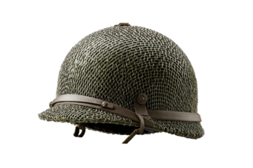 Woven helmet with chin strap on a dark background