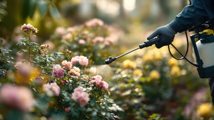 A person sprays plants in a garden, tending to blooming roses with a handheld sprayer, showcasing gardening and plant care.