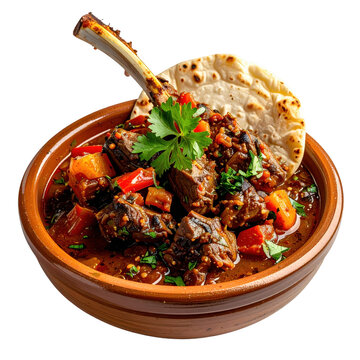 Dominican chivo guisado, a flavorful goat stew with herbs and vegetables, served in a bowl and isolated on white background