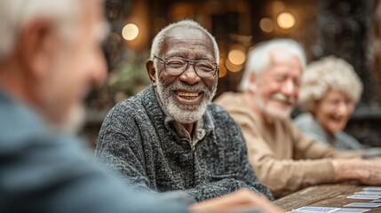 A moment of camaraderie and shared joy unfolds as a group of smiling seniors, representing the beauty of aging and the bonds of friendship. ..Created with Generative AI, not depicting real subjects.