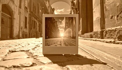 Vintage Polaroid photograph of a serene cobblestone street scene.