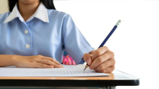 Exam at school, high school, university student study.hands holding pencil writing paper answer sheet, student is taking educational admission test in class, writing answer in university classroom
