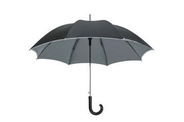 Open gray umbrella, curved handle, black background
