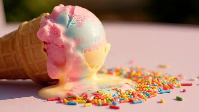 Colorful melting ice cream cone with vibrant sprinkles on a sunny day