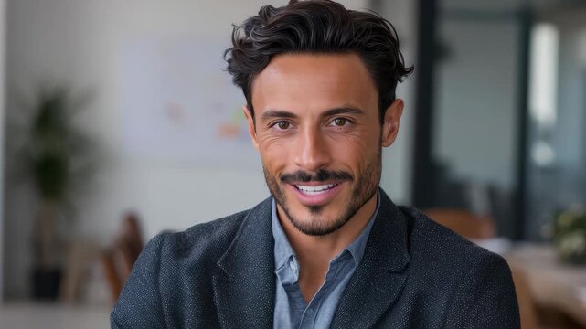 Smiling busy professional Latin business man in modern office creates a welcoming atmosphere while engaging with colleagues during a productive day at work