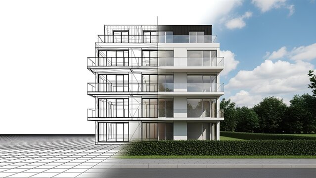 Architectural visualization of a modern building transitioning from blueprint to reality