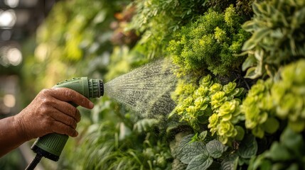 A hand watering a green wall of plants, showcasing vibrant foliage and a nurturing gardening activity.