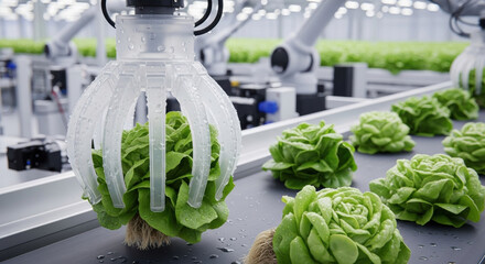 Modern agriculture robotics and automation in food industry. robotic arm sorts fresh lettuce on conveyor belt in smart farm for efficient organic cultivation and harvest