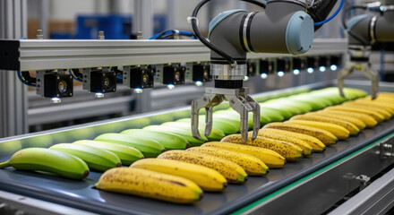 Advanced robotics and automation revolutionizing food industry. precise robotic arm sorts fresh corn on production line showing efficient smart farming and modern agriculture