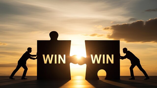 Two puzzle pieces fitting together, symbolizing a win-win situation and cooperation for success