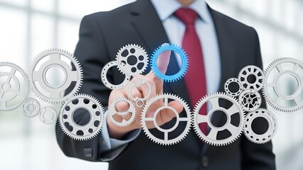 Business professional interacting with a dynamic virtual network of interconnected gears, symbolizing strategic planning, innovation, and process optimization for future growth and success