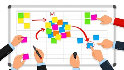 Collaborative team actively organizes project tasks and brainstorms new ideas on a whiteboard, using colorful sticky notes to visualize progress and streamline agile workflow