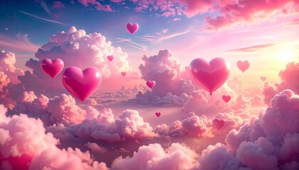 Floating pink hearts in a dreamy sky filled with fluffy clouds. A romantic and whimsical scene perfect for conveying love and affection