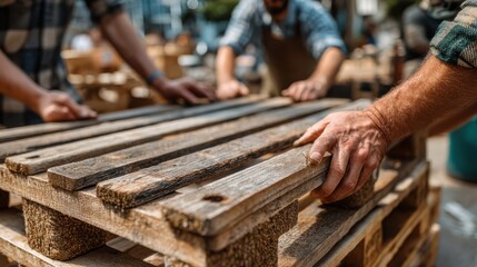 Workers assembling wooden pallets in a busy outdoor setting, showcasing teamwork and craftsmanship on a sunny day.