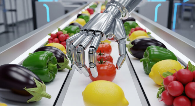 Advanced robotics and automation transforming food industry. metallic robot hand precisely sorts fresh vegetables on conveyor in futuristic smart farm