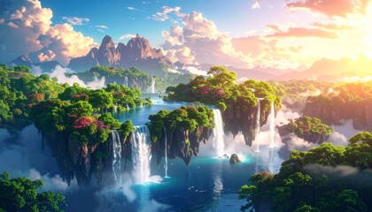 A breathtaking panorama of a tropical landscape with cascading waterfalls and a stunning backdrop. The scene evokes a sense of serenity and natural beauty
