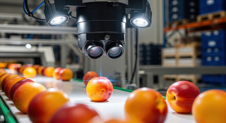 Advanced robotics and automation in food industry. quality control machine with sensor sorting fresh fruit on conveyor belt showing modern food processing innovation