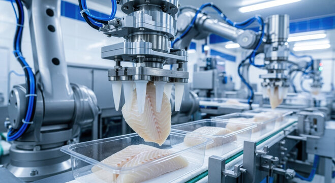 Robotic arms demonstrate advanced automation in food processing industry. modern factory uses precise robotics for efficient fish fillet production on conveyor belt