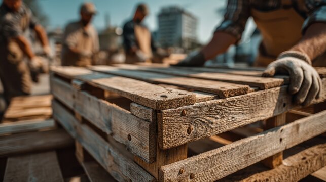 Workers assembling wooden pallets in an urban setting, highlighting craftsmanship and industrial activity. - Powered by Adobe